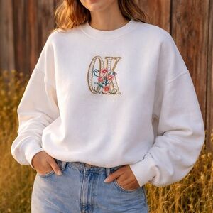 Vintage Oklahoma Sweatshirt Embroidered Floral USA Crewneck XL 90s